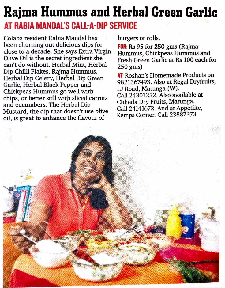 Roshan's Homemade Products featured in media for Rajma Hummus and Herbal Green Garlic