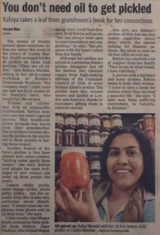 Roshan's Homemade Products feature in DNA newspaper - January 2006